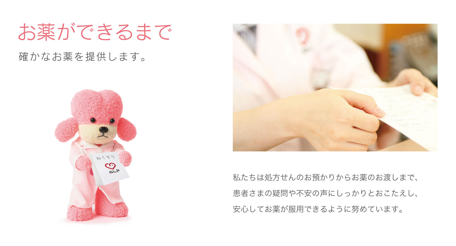お薬ができるまで 私たちは処方せんのお預かりからお薬のお渡しまで、患者さまの疑問や不安の声にしっかりとおこたえし、安心してお薬が服用できるように努めています。